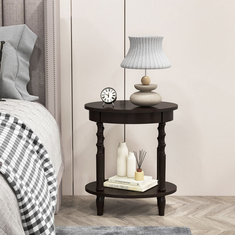 2-Tier Oval Side Table with Storage Shelf and Solid Wood Legs
