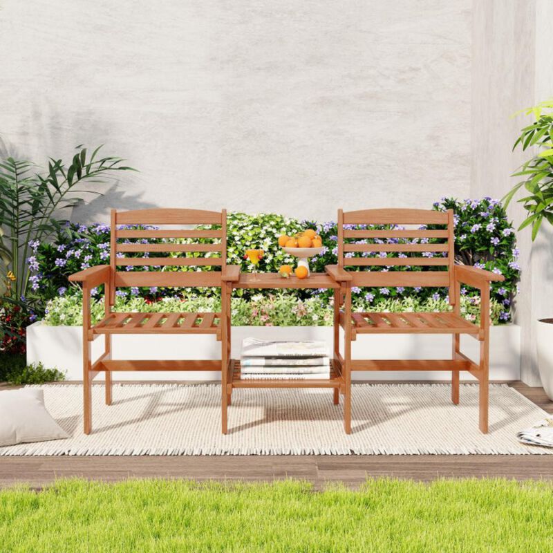 Hivvago Outdoor Patio Wood 2-Seat Conversation Set with Coffee Table and Umbrella Hole