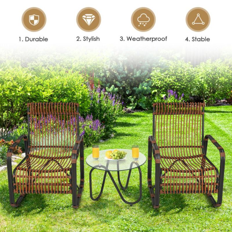 Hivvago 3 Pieces Patio Rattan Furniture Set with 2 Single Wicker Chairs and Glass Side Table