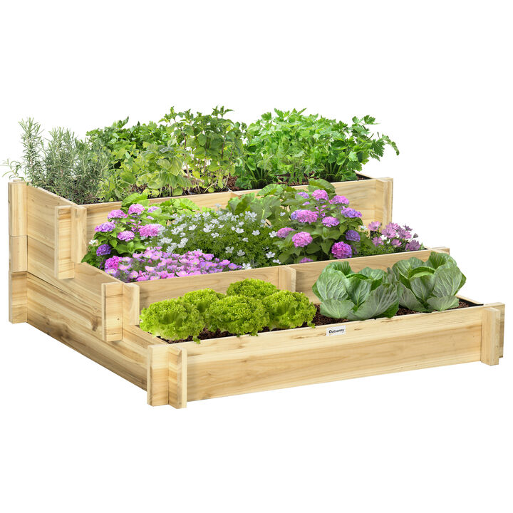 Outsunny 3-Tier Raised Garden Bed with 5 Compartments and Bed Liner, Elevated Wooded Wooden Planter Kit, for Vegetables, Herbs, Outdoor Plants, 37 x 37 x 14in, Natural