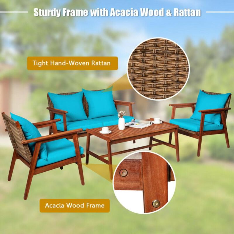 Hivvago 4 Pieces Acacia Wood Patio Rattan Furniture Set with Zippered Cushions