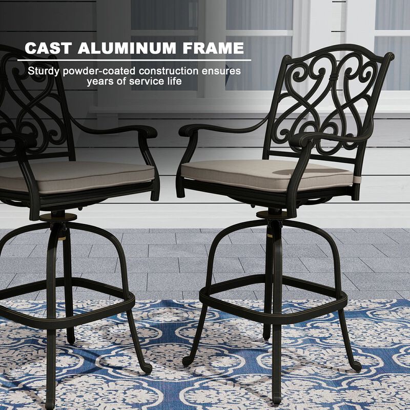 Mondawe Patio Dining Chairs with Removable Olefin Cushion Cast Aluminum Frame 360° Swivel Bar Stool,Set of 3
