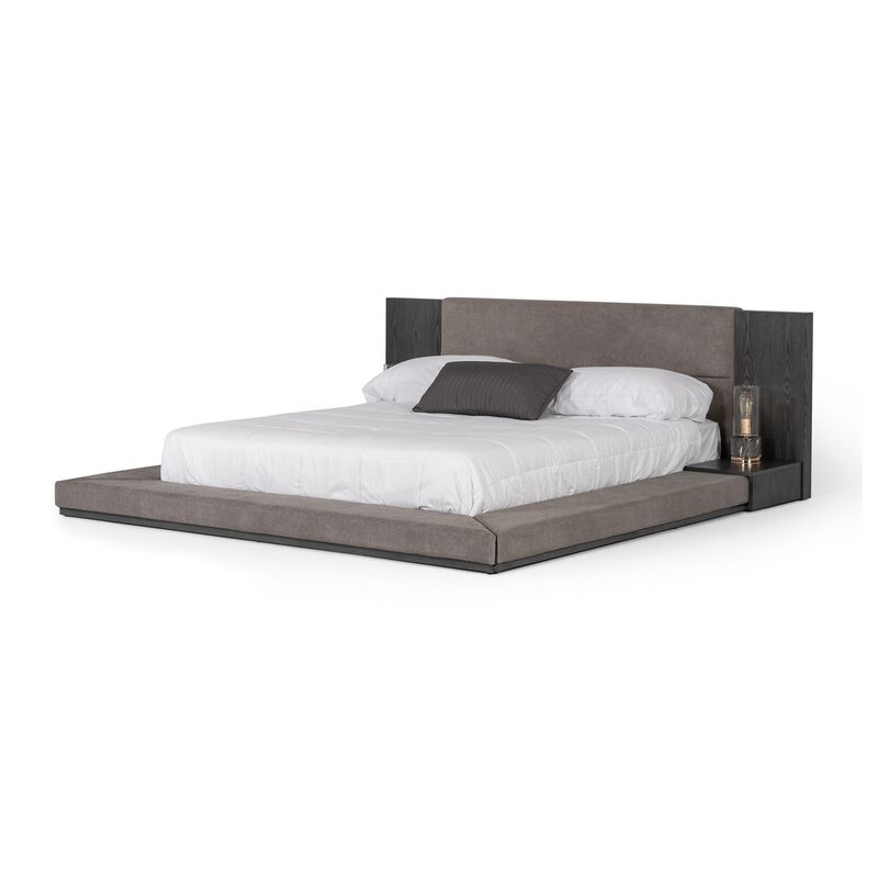 Noe Ruby Queen Bed with Built in Nightstands, Low Height, Gray Upholstery - Benzara