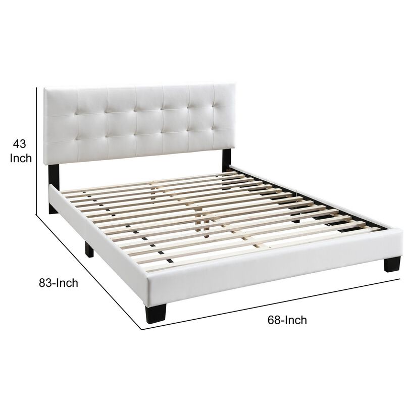 Queen Leatherette Bed with Checkered Tufted Headboard, White-Benzara