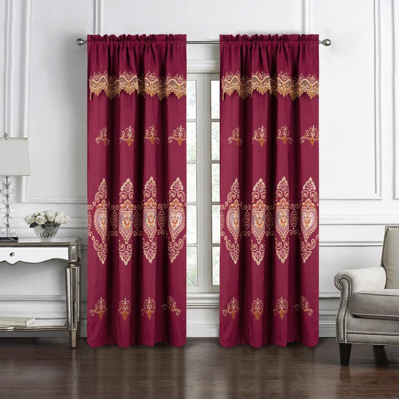 RT Designers Collection Bonnie Macrame Rod Pocket Room Darkening Curtain Panels for Living Room 52" x 84" Burg