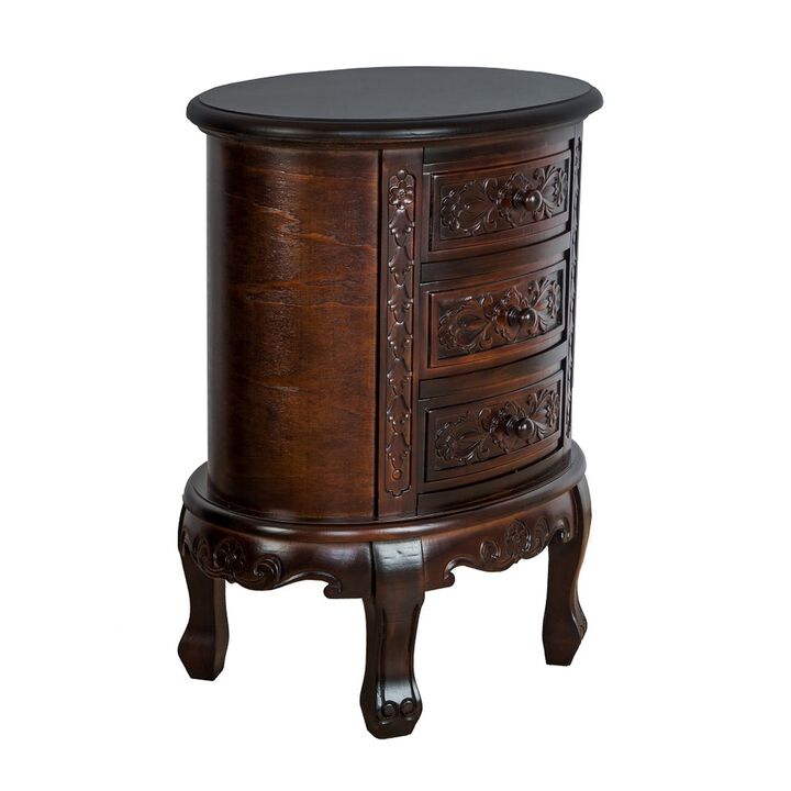 Wooden Chest with 3 Drawer and Scrolled Details, Dark Brown-Benzara