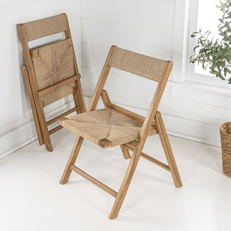 Kiawah Coastal Modern Wood Woven Seagrass Folding Chair, Natural (Set of 2)