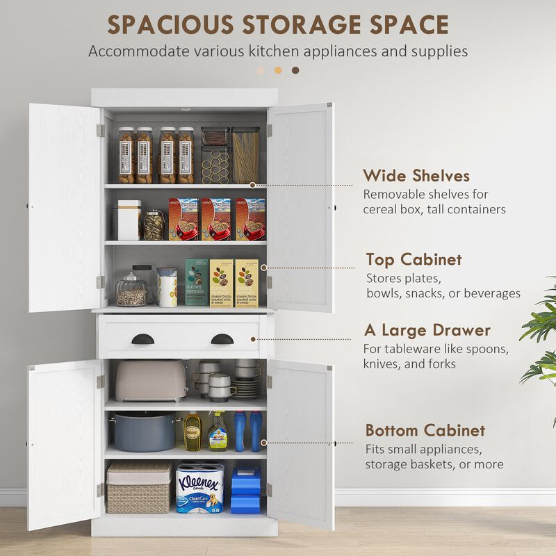 72" White Freestanding Kitchen Pantry: Spacious Storage, Shelves