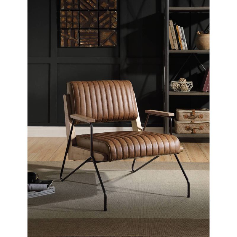 Eacnlz Accent Chair In Cocoa Top Grain Leather & Matte Iron Finish