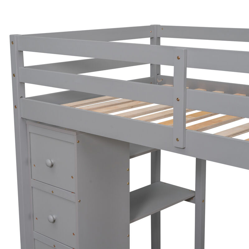 Twin size Loft Bed with Storage Drawers, Desk and Stairs, Wooden Loft Bed with Shelves - Gray