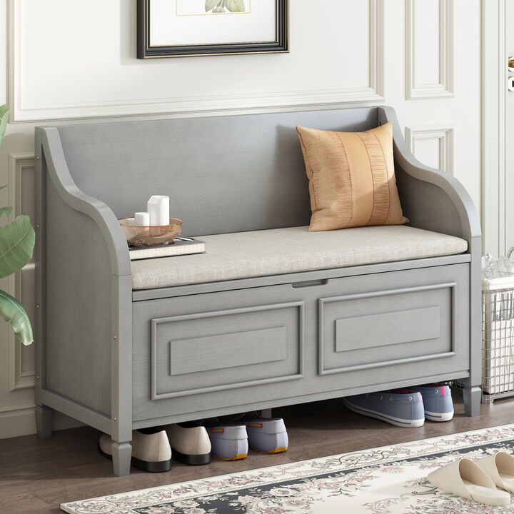 Rustic Style Solid wood Entryway Multifunctional Storage Bench with Safety Hinge (Gray Wash+ Beige)