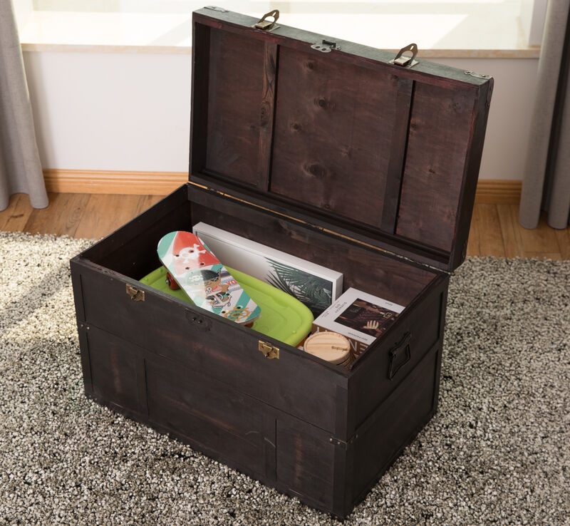 Antique Style Large Dark Wooden Storage Trunk with Lockable Latch