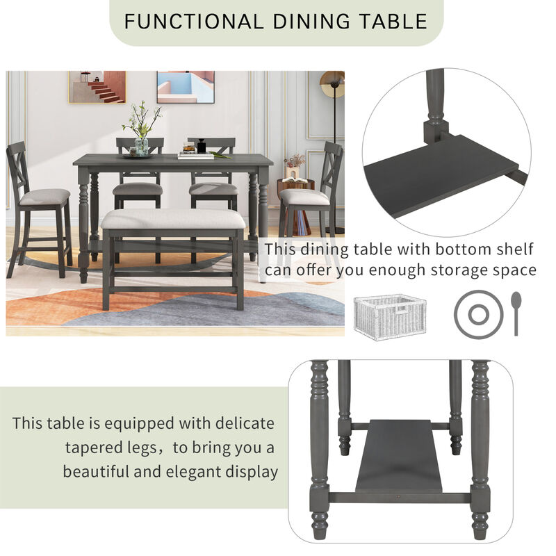 6-Piece Counter Height Dining Table Set Table with Shelf 4 Chairs and Bench