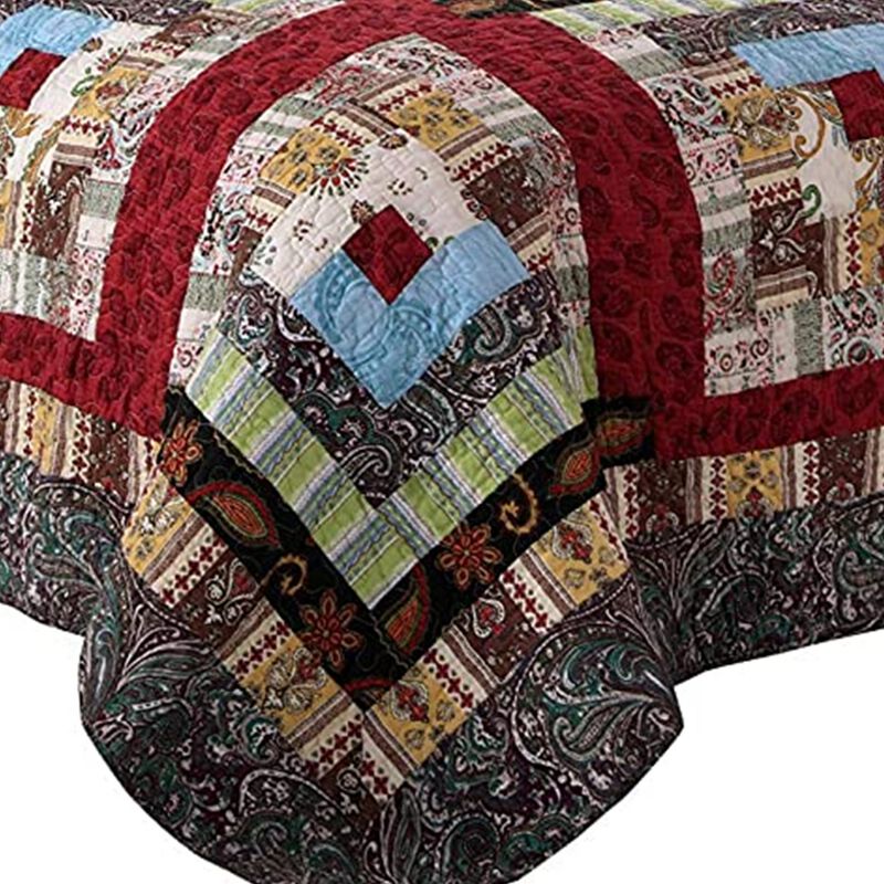 Thames 3 Piece King Size Cotton Quilt Set with Log Cabin Pattern, Multicolor - Benzara