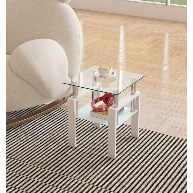 1-Piece Modern Tempered Glass Tea Table Coffee Table End Table, Square Table for Living Room, Transparent/White