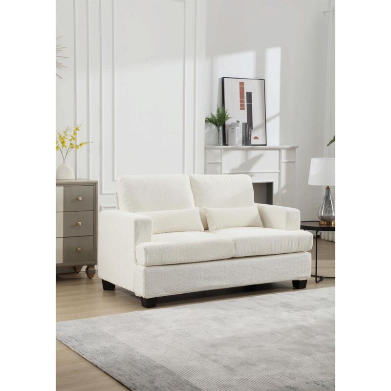 63" Length Modern Loveseat for Living Room, Sofas couches with Square Armrest, Removable back Cushion and 2pcs waist pillow (White Gray Fabric)