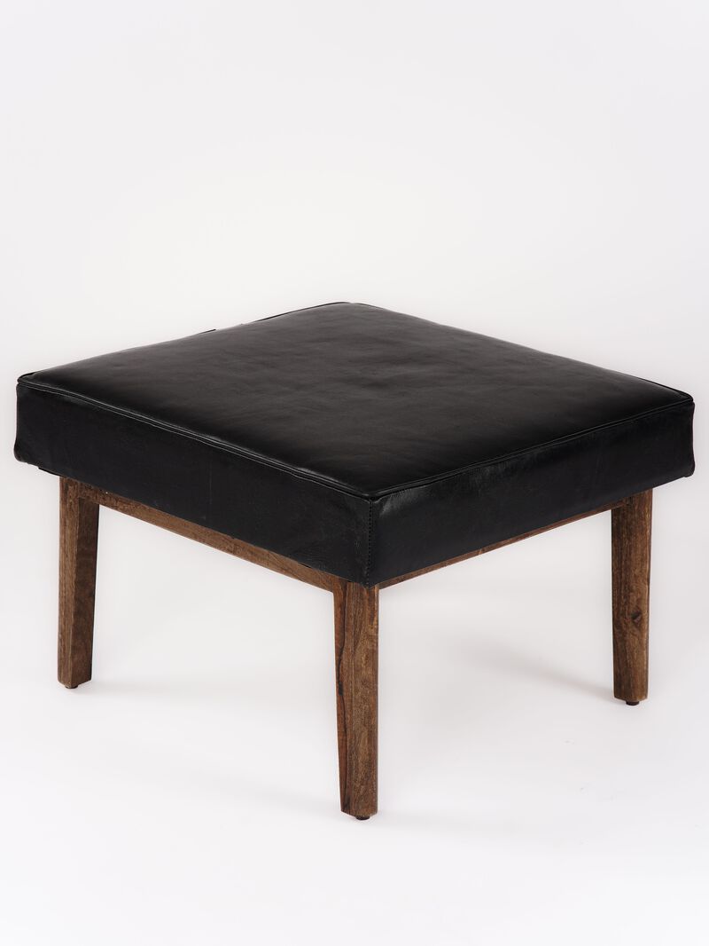Handmade Eco-Friendly Geometric Buffalo Leather & Wood Black Square Ottomon Stool 24"x24"x16" From BBH Homes