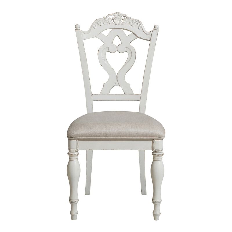 Victorian Style Writing Desk Chair with Engraved Backrest, Antique White-Benzara