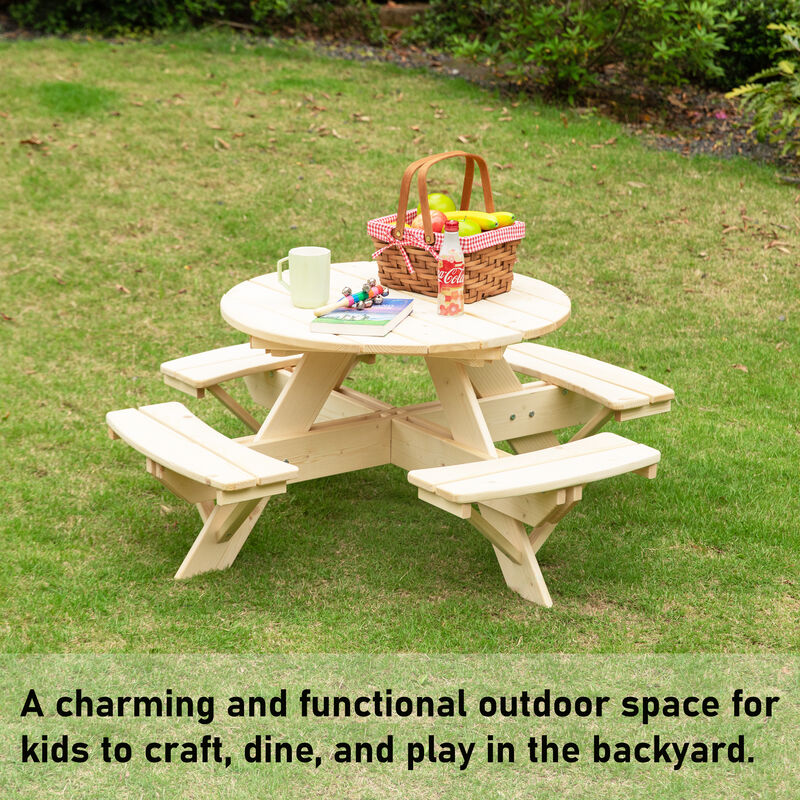 Wooden Kids Round Picnic Table Bench, Outdoor Children's Backyard Table, Crafting, Dining, and Playtime Patio Table