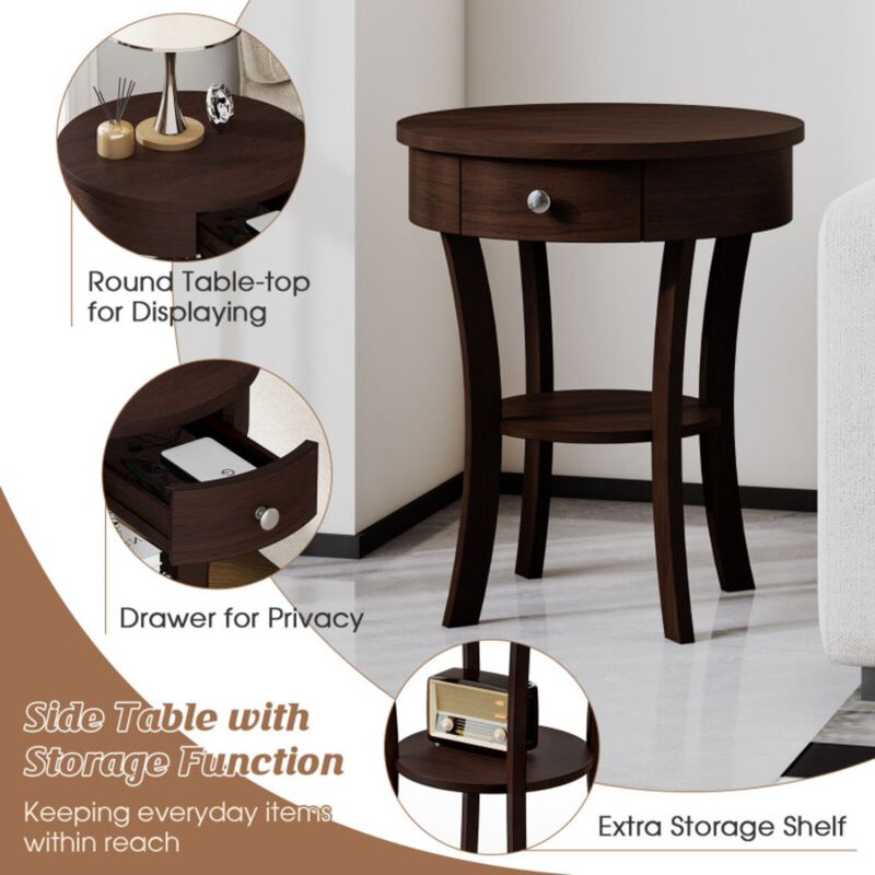2-Tier Wood Round End Table with Open Drawer