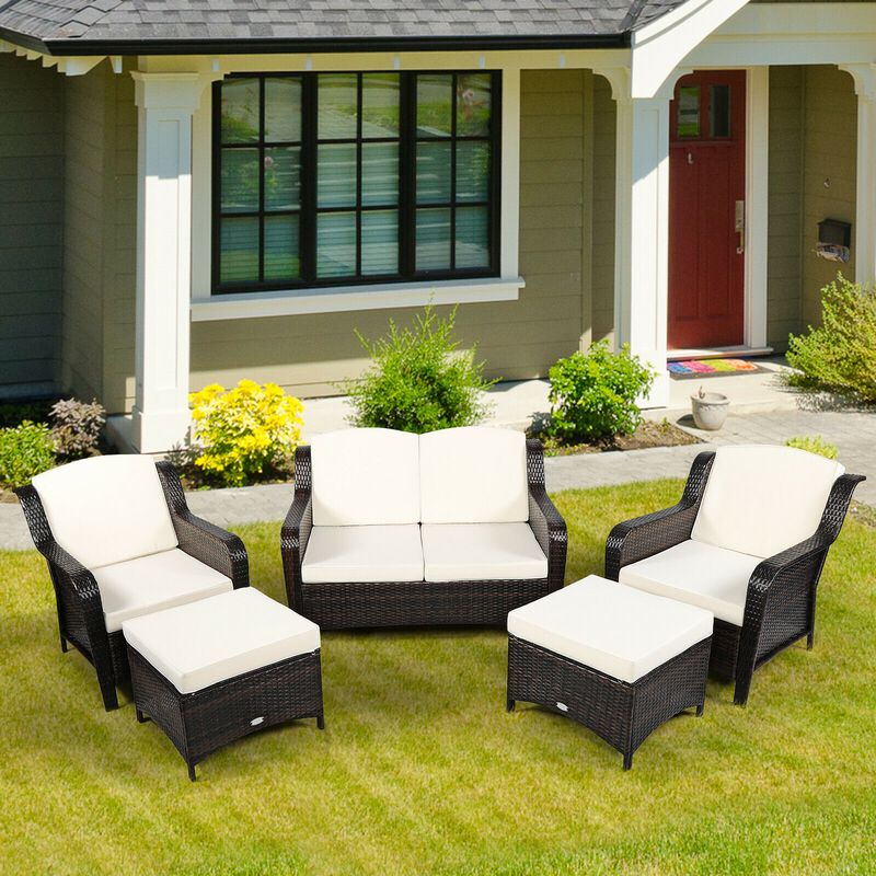 5 Pieces Patio Rattan Sofa Set with Cushion and Ottoman