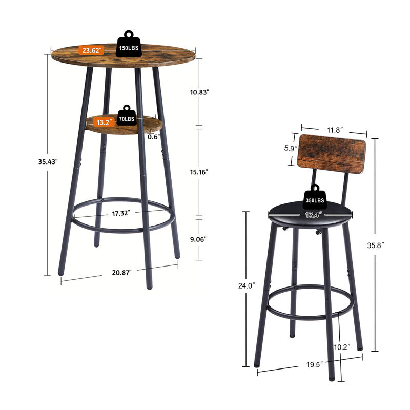 Round Barstool set with shelf, upholstered stool with backrest, Rustic Brown, 23.62" W x 23.62" D x 35.43" H