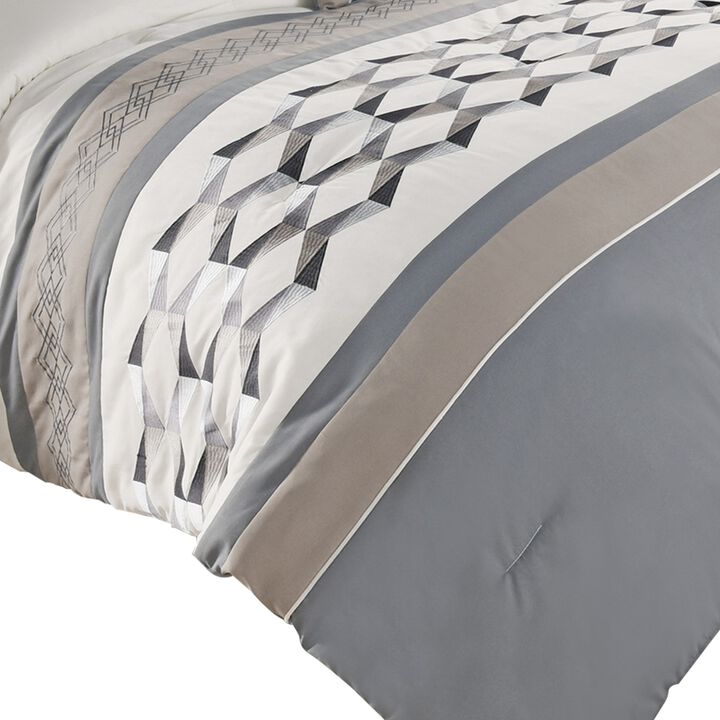 7 Piece Queen Polyester Comforter Set with Geometric Design, Blue and Gray-Benzara