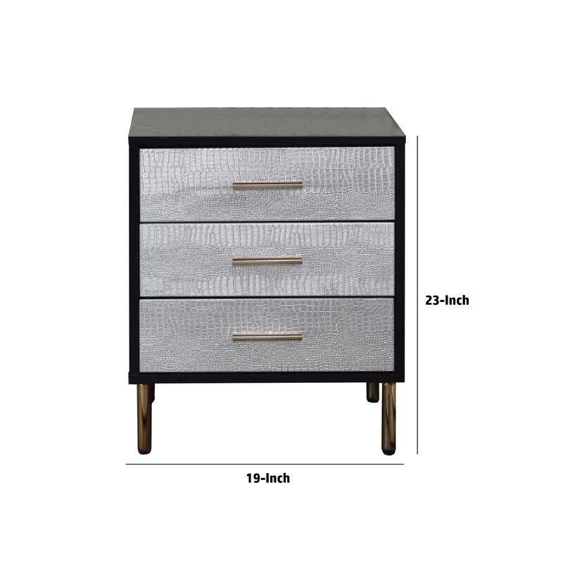 San 19 Inch Glamorous Style Nightstand, 3 Drawers, Black, Silver, Gold-Benzara