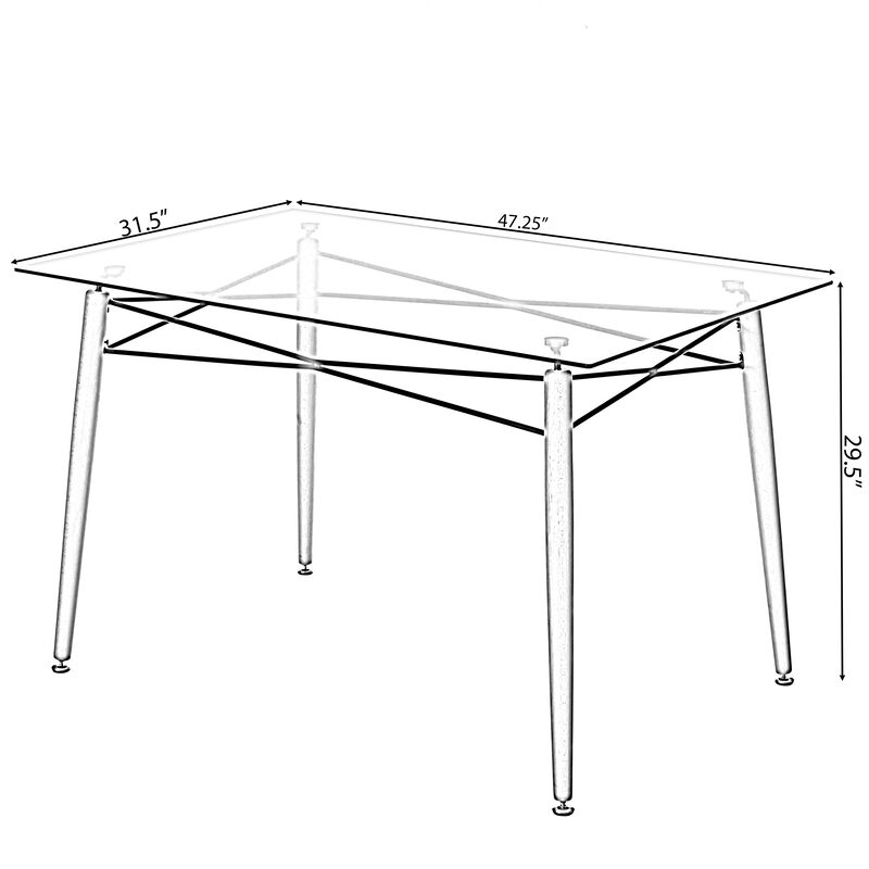 Rectangle Clear Glass Top Accent Dining Table with 4 Beech Metal Frame Solid Wood Legs | Modern Space Saving Small Leisure Tea Desk 47.25" W x 31.5" D x 29.5" H for Kitchen Dining Room, Living Room