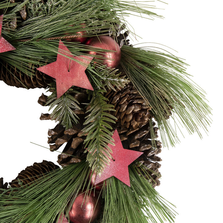 Red and Green Pine Needle  Pinecone and Star Christmas Wreath  13.5-Inch  Unlit