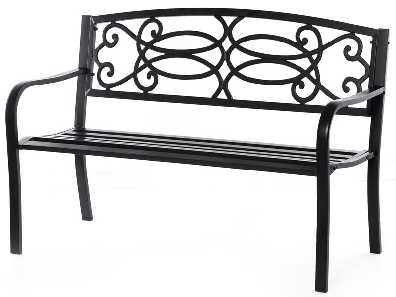 Steel Outdoor Patio Garden Park Seating Bench with Cast Iron Scrollwork Backrest, Front Porch Yard Bench Lawn Decor