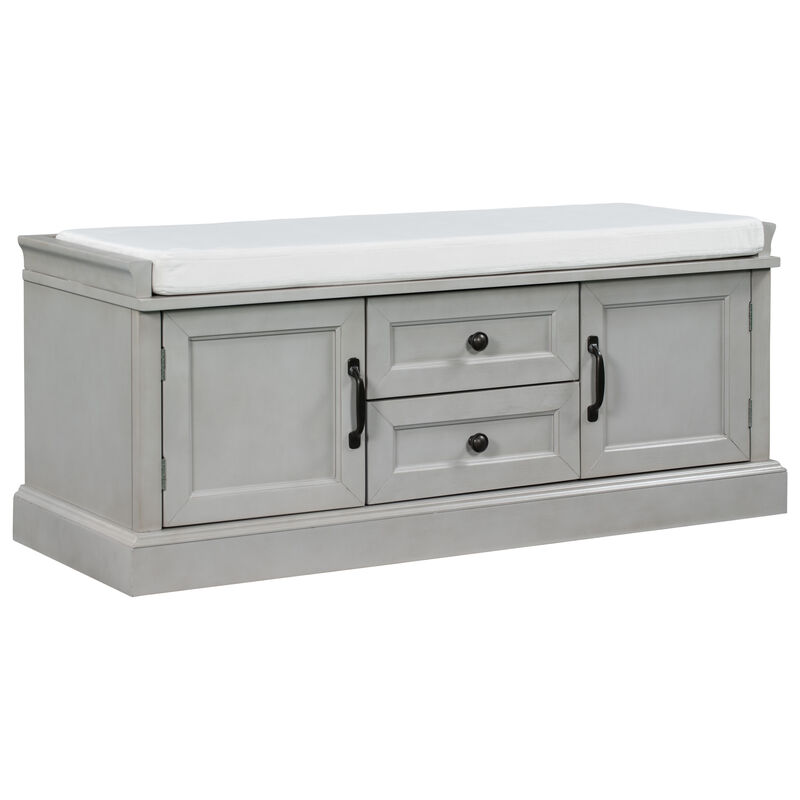 Storage Bench With 2 Drawers And 2 Cabinets, Shoe Bench With Removable Cushion For Living Room