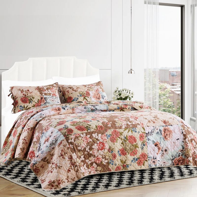 Rome 3 Piece Microfiber Reversible Floral Print Queen Quilt Set, Multicolor - Benzara