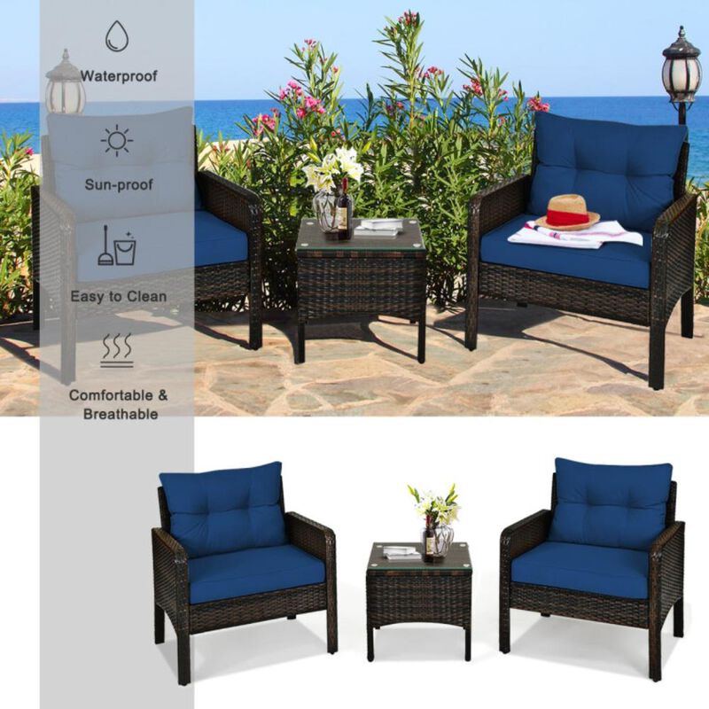 Hivvago 3 Pieces Outdoor Patio Rattan Conversation Set with Seat Cushions