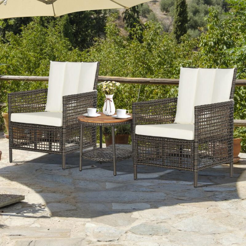 Hivvago 3 Pieces Patio Rattan Furniture Set with Cushioned Sofas and Wood Table Top