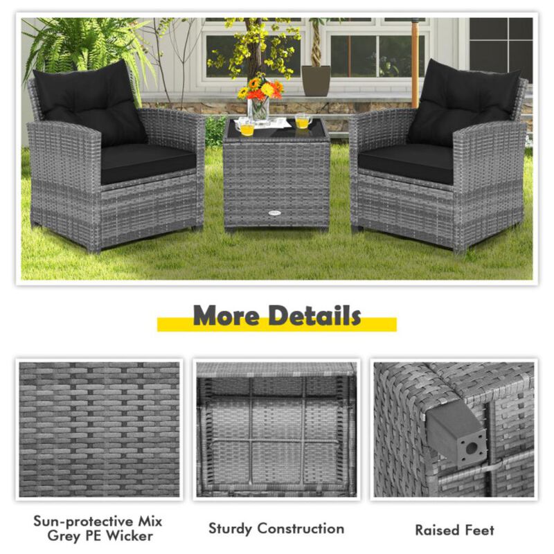 Hivvago 3 Pieces Outdoor Wicker Conversation Set with Tempered Glass Tabletop