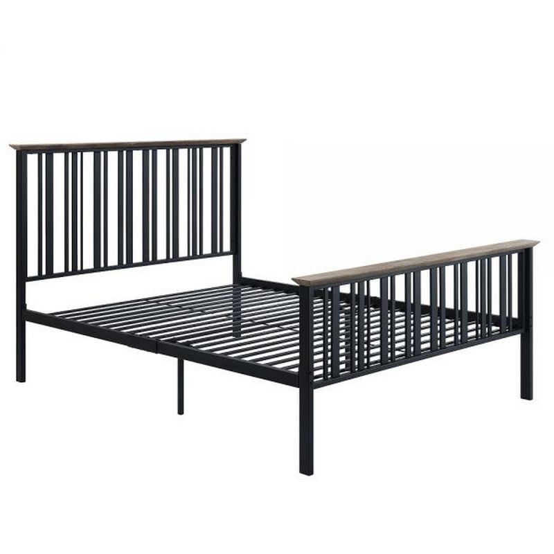 Nori Full Bed with Slatted Metal Frame, MDF Wood, Oak Brown and Black  - Benzara