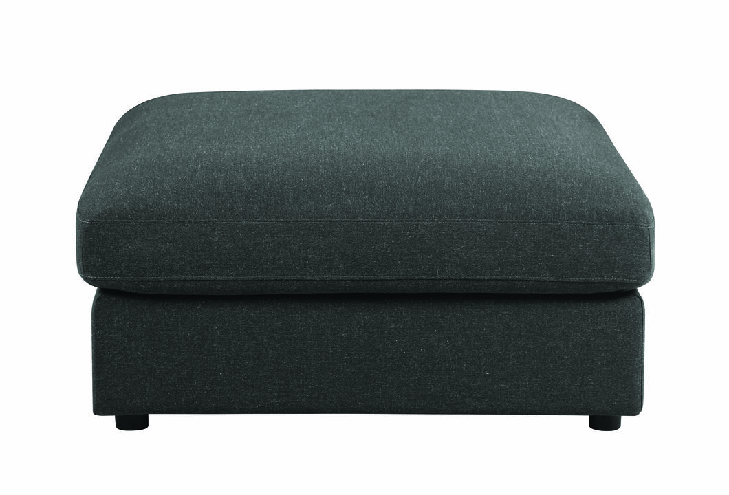Fabric Upholstered Wooden Ottoman with Loose Cushion Seat and Small Feet, Dark Gray-Benzara