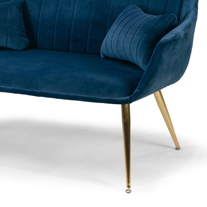 Glamour Home Angela Blue Velvet Loveseat with Golden Metal Legs Stitching Accent