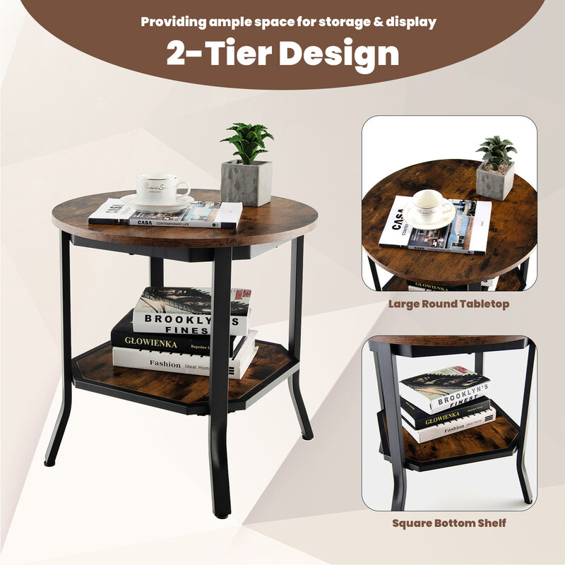 2-Tier Round End Table with Storage Shelf for Living Room-Brown