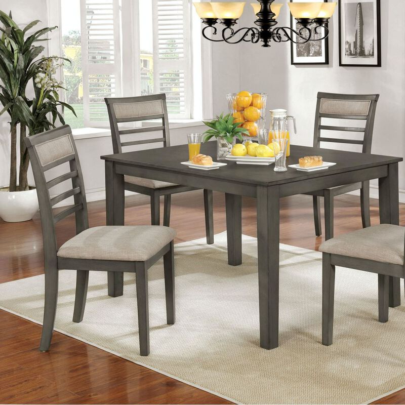 5 Pc Dining Table Set Weathered Gray Dining Chairs Table Solid wood Beige Padded Fabric Cushions Slat Back