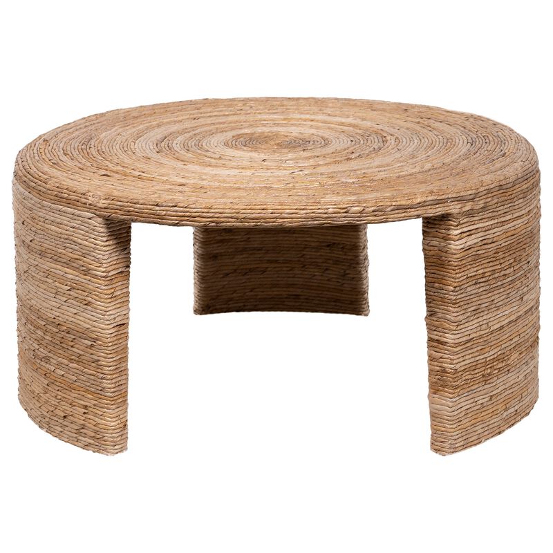 Asha 36 Inch Coffee Table, Round Shaped Top with Natural Rattan Wrapping - Benzara