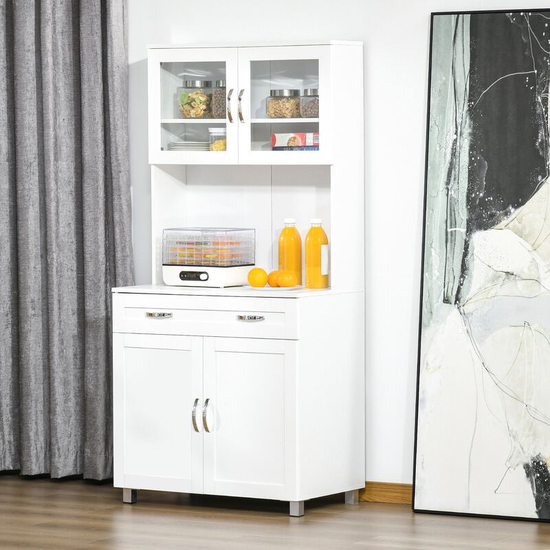 White Kitchen Tower: Tall Pantry Cabinet with Glass Doors and Drawers