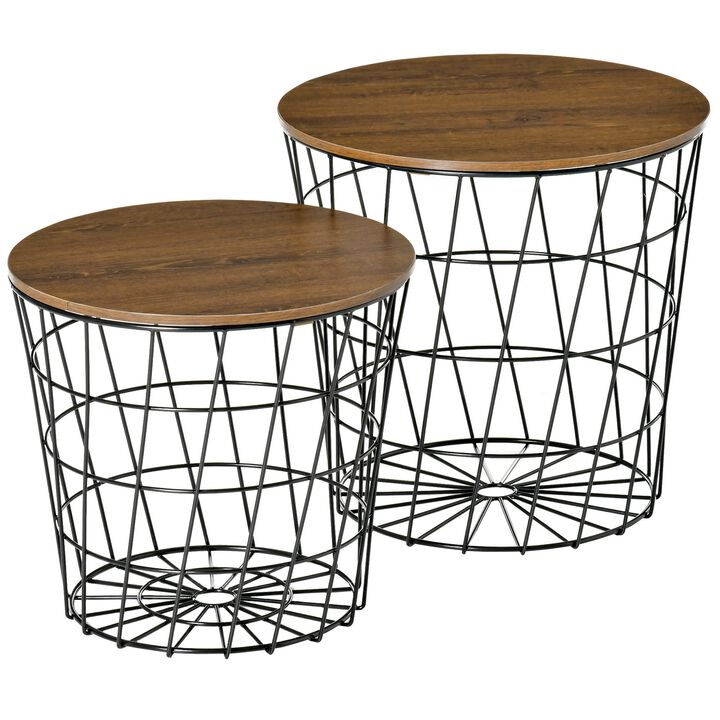 Black/Brown Nesting Tables: Set of 2 Round Side Tables with Storage