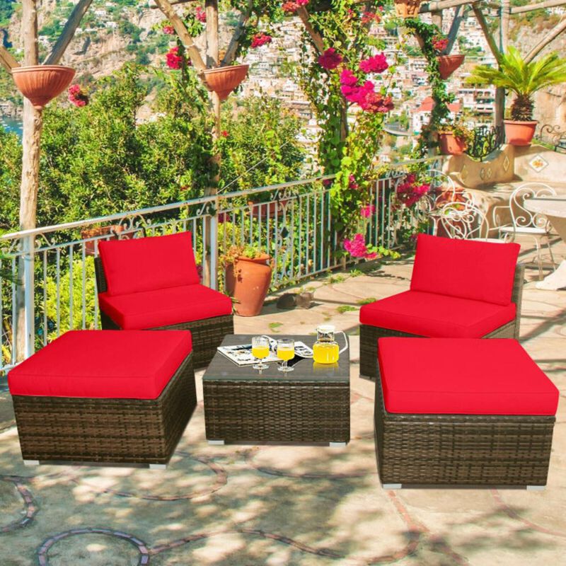 Hivvago 5 Pieces Patio Rattan Furniture Set with Cushioned Armless Sofa-Red