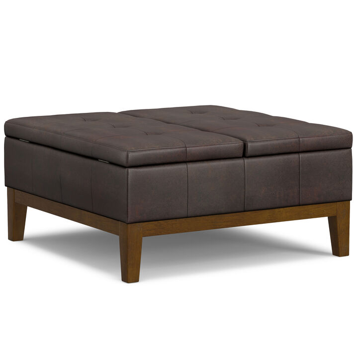 Dover 36 inch Wide Contemporary Square Lift Top Coffee Table Storage Ottoman in Distressed Brown Vegan Faux Leather, Assembled