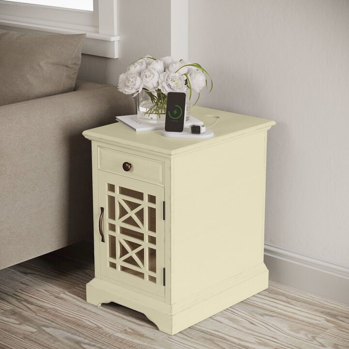 Craftsman USB Charging Station Chairside Wooden End Table Nightstand with Traditional Farmhouse Style with Glass Door and Storage, Antique Cream