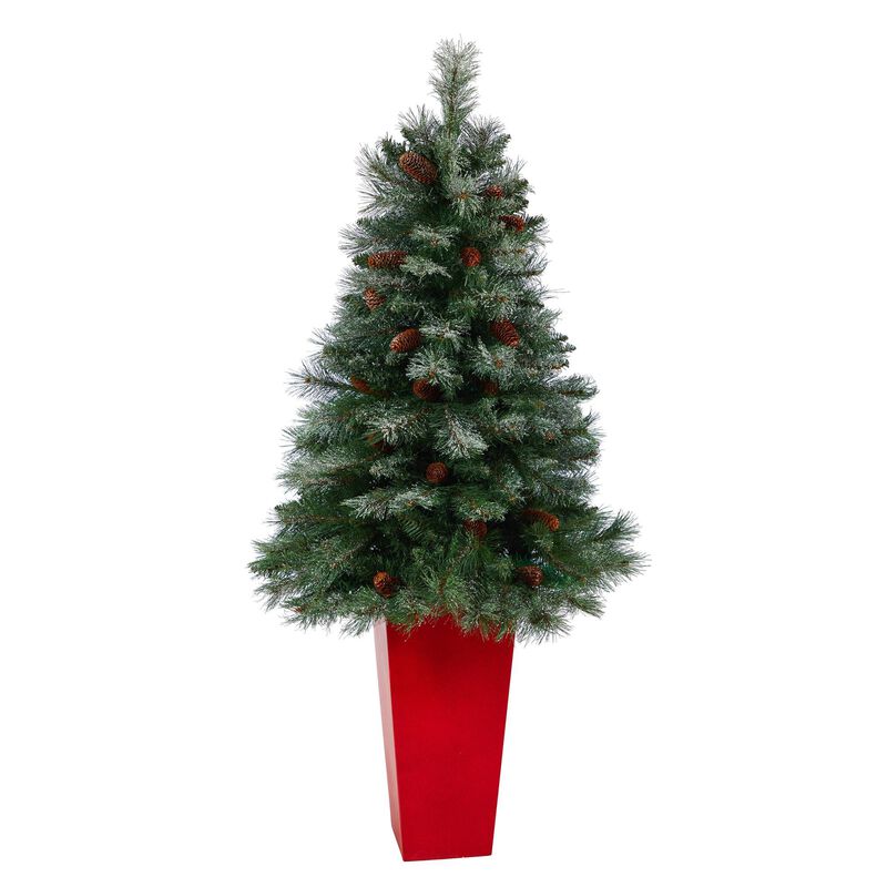 Nearly Natural 55-in Snowed French Alps Mountain Pine Artificial Christmas Tree with 237 Bendable Branches and Pine Cones in Red Tower Planter