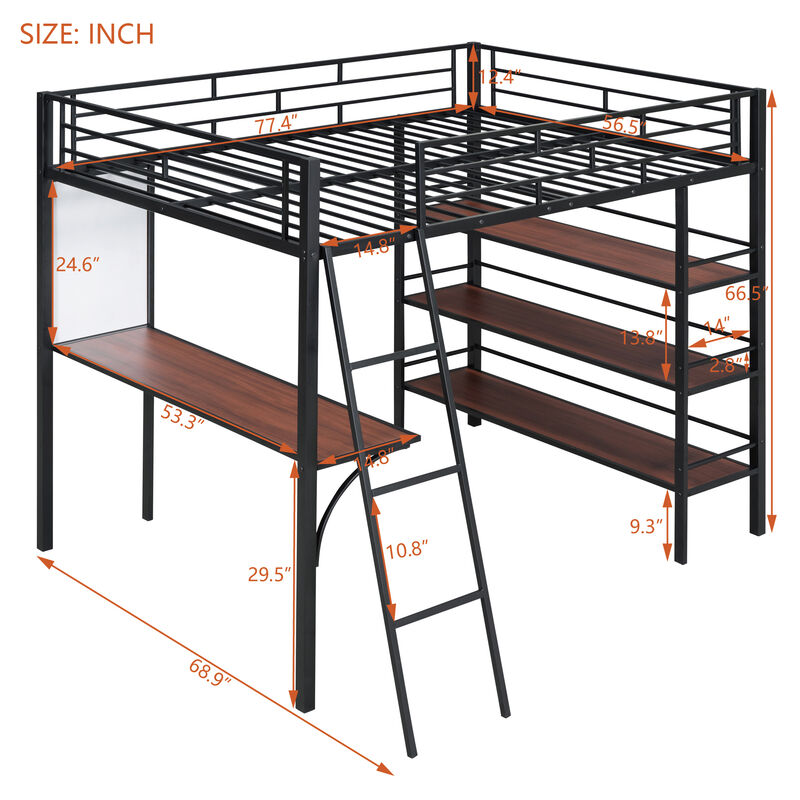 Merax Metal Loft  Bed with  Desk and 3 Layers of Shelves