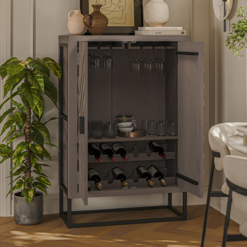 52 Inch Wine Bar Cabinet with Built in Stemware Rack, Bottle Holder in Gray Acacia Wood, Black Iron Metal